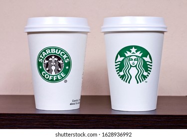 Budapest, Hungary - 11 09 2011: Various Starbucks Paper Coffee Cups On A Shelf.