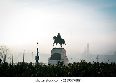Budapest - Hungary - 16 December 2019 -  Statue of Gyula Andrassy Center monument with foggy shaded sky
