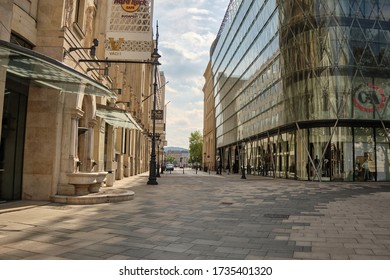 Budapest, Hungary - 17.05.2020: Empty Váci Shopping Street With Closed Cafes, Restaurants, Fast Fashion Shops, During COVID-19 Lockdown.