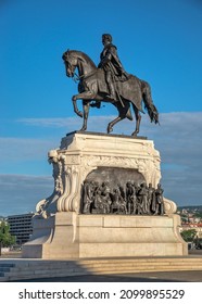 Budapest, Hungary 18.08.2021. Monument to Gyula Andrassy on the embankment of Pest in Budapest, Hungary, on a sunny summer morning