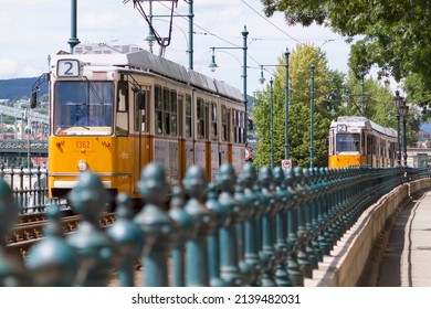 Budapest, Hungary - 2014, July: Yellow Trams In Budapest. Public Transport In The Capital Of Hungary Budapest.