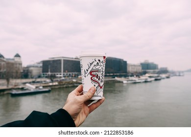 Budapest, Hungary - 26.12.17: Coffee Cup In Men's Hands. Inscription VLADIMIR On A Cup Of Coffee