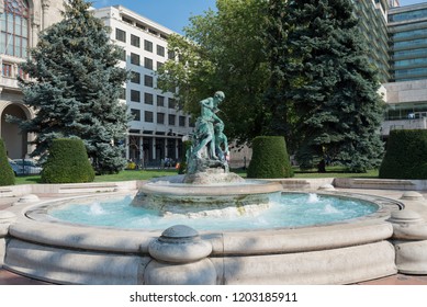 Budapest, Hungary - 3 august 2018: architecture detail of concert hall house on Vigado square and fountain