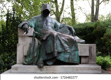 Budapest, Hungary - 5 May 2017: Statue Of Anonymous Notary Of King Bela Or Master P. By Miklos Ligeti