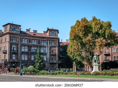 Budapest, Hungary - 6 October 2018: Beautiful old painted buildings at Kodaly Korond, a square on the intersection of Andrassy Ave and Szinyei Merse utca.