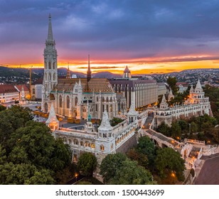 Budapest Hungary - Aerial panoramic skyline view of Budapest at cloudy sunset with Matthias Church(Mátyás Templom) and Fisherman's bastion (Halászbástya)
