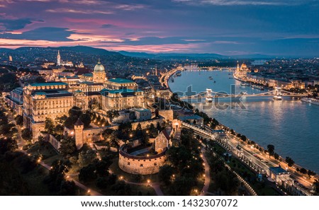 Budapest Hungary - Aerial panoramic skyline view of Budapest at sunset with Buda Castle Royal Palace, Szechenyi Chain Bridge, Parliament, Matthias Church over Danube river