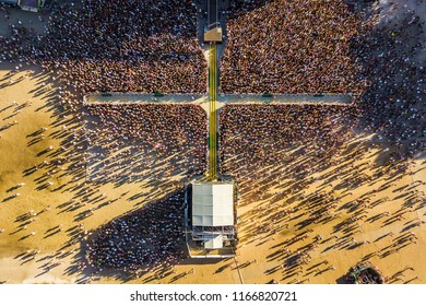 Budapest, Hungary - Aerial Shot Of The Crowd In Front Of The Main Stage Of Sziget Festival 2018 At Sunset