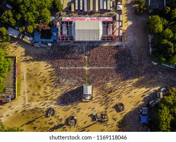 Budapest, Hungary - Aerial Shot Of Crowd In Front Of The Main Music Stage Of Sziget Festival 2018 At Sunset