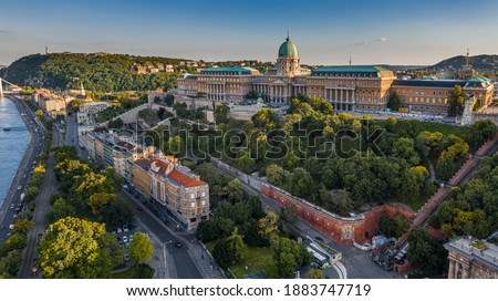 Budapest, Hungary - Aerial view of the beautiful Buda Castle Royal Palace with Hungarian Citadel at background on a sunny summer afternoon
