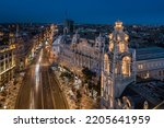 Budapest, Hungary - Aerial view of Ferenciek tere (Square of the Franciscans) at dusk. This view includes illuminated Matild Palace, Klotild Palace, Kossuth Lajos street and other famous buildings. 