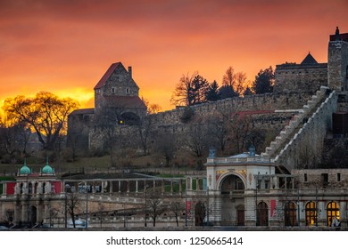 Budapest, Hungary - Amazing Sunset At The Buda Castle Royal Palace With South Rondella And Varkert Bazaar