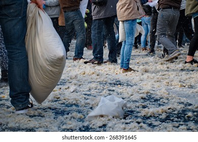 BUDAPEST, HUNGARY - APRIL 04:Pillow fight day on Heroes Square  in Budapest, Hungary on April 04, 2015
