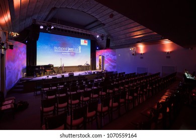 Budapest, Hungary - April 13, 2018: Empty Stage In Budapest Jazz Club (BJC), A Popular Jazz Pub In Center Of Budapest.