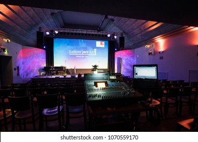 Budapest, Hungary - April 13, 2018: Empty Stage In Budapest Jazz Club (BJC), A Popular Jazz Pub In Center Of Budapest.