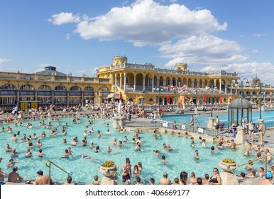 Budapest, Hungary. April 16, 2016: Szechenyi Baths in Budapest in Hungary on a sunny day. 