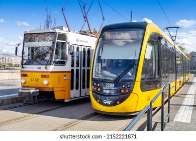 BUDAPEST, HUNGARY - APRIL 25, 2022: Public Transport - Yellow Tramways In Budapest, Hungary, Europe