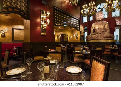 BUDAPEST, HUNGARY - APRIL 26, 2016: Interior of Buddha-Bar restaurant. It is a bar restaurant and hotel franchise created by R. Visanand and C. Challe with its original location having opened in Paris