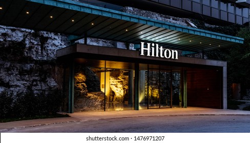 BUDAPEST, HUNGARY - APRIL 5, 2019: Entrance of hotel Hilton Budapest built inside a cliff.