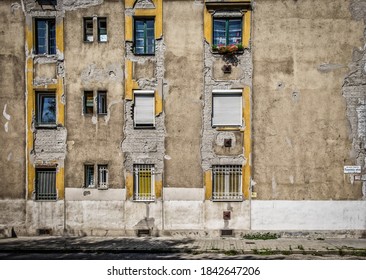 Budapest, Hungary, Aug 2019, View Of The Facade Of A Dilapidated Building In Pannonia Street