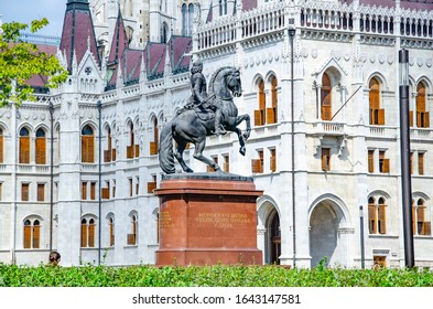 Budapest/ Hungary- August 10 2019: Statue Of Gyula Andrassy (man On Horse) And Hungarian Parliament Building. 