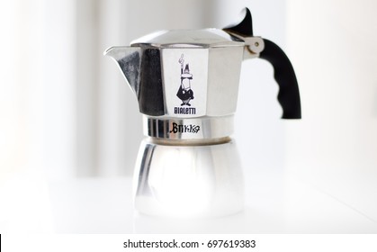 BUDAPEST, HUNGARY - AUGUST 12, 2017: A close-up of a Bialetti stove-top moka pot coffee maker. Bialetti, an Italian company, created this design in 1933, and hasn't changed it much since then.