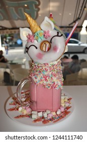 Budapest Hungary. August 16 2018. A  'freak Shake' In A Restaurant. The Rise Of This High-calorie, Mega Milkshake Concerns Health Campaigners Globally As Some Contain 39 Sugar Cubes And 1280 Calories.