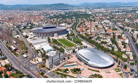 BUDAPEST, HUNGARY -  August 2, 2022:  The New Puskas Arena Is An Iconic, Modern Event Venue And Sports Arena. Also Ft. Aerial View Panoramic Shot Of Budapest City And Budapest Arena On A Sunny Day.