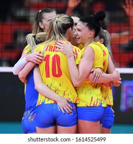 BUDAPEST, HUNGARY – August 23, 2019: Romanian players celebrate, at the Netherlads (blue) – Romania (yellow) 2019 CEV Volleyball European Championship’s women volleyball game.