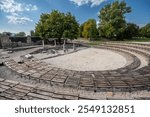 Budapest, Hungary. August 27, 2022. Roman amphitheater in Aquincum the ancient Roman city, now an archaeological site and museum. Travel destinations.