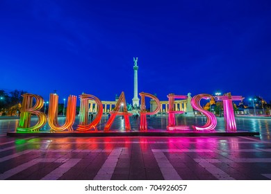 Budapest, Hungary - The Beautiful Heroes' Square At Blue Hour