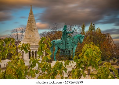 Budapest, Hungary - Beautiful  View Of Buda Castle Royal Palace And South Rondella At Sunset With Szechenyi Chain Bridge Over River Danube, Matthias Church And Parliament Of Hungary