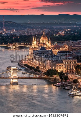 Budapest - Hungary - Best angle of Budapest - Chain Bridge, Hungarian Parliament over Danube river at sunset