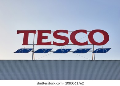 Budapest, Hungary - Circa 2021: : Large sign of a Tesco supermarket, Tesco is the third-largest retailer in the world measured by revenues.