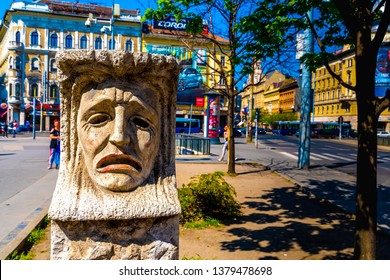 BUDAPEST, HUNGARY - CIRCA APRIL 2019: A ancient Statue remains from a demolished historical Theatre building on the Blaha Lujza Square circa April 2019 in Budapest, Hungary.