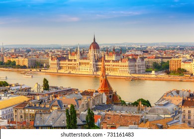 Budapest Hungary, City Skyline At Hungalian Parliament And Danube River