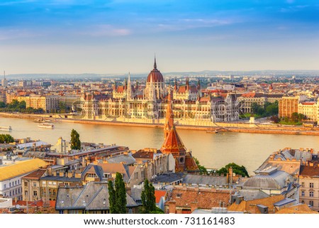 Budapest Hungary, city skyline at Hungalian Parliament and Danube River