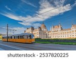 Budapest Hungary, city skyline at Hungarian Parliament and Tram of Budapest