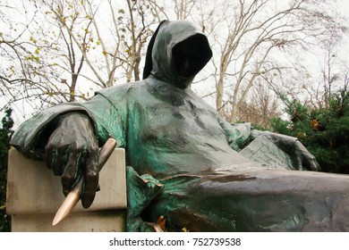 Budapest, Hungary - December 04, 2014: Statue Of Anonymous Notary Of King Bela Or Master P., Vajdahunyad Castle In Budapest, Hungary