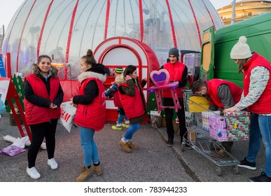 BUDAPEST, HUNGARY - DECEMBER 17, 2017: Santa Claus Factory In Heroes Square.Fund Raising Gifts To The Needy At Christmas.Family Programs Attracting Local People And Foreign Tourists Every Year.