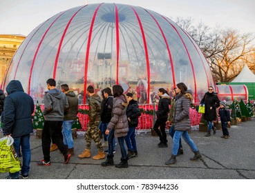 BUDAPEST, HUNGARY - DECEMBER 17, 2017: Santa Claus Factory In Heroes Square.Fund Raising Gifts To The Needy At Christmas.Family Programs Attracting Local People And Foreign Tourists Every Year.