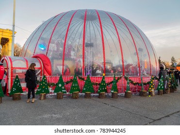 BUDAPEST, HUNGARY - DECEMBER 17, 2017: Santa Claus Factory In Heroes Square.Fund Raising Gifts To The Needy At Christmas.Family Programs Attracting Local People And Foreign Tourists Every Year.