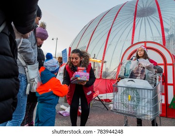 BUDAPEST, HUNGARY - DECEMBER 17, 2017: Santa Claus Factory In Heroes Square.Fund Raising Gifts To The Needy At Christmas.Family Programs Attracting Local People And Foreign Tourists Every Year.