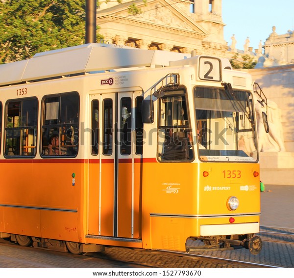 BUDAPEST HUNGARY : Famous yellow tramways along Danube\
on March 16, 2018 in Budapest. One of the most iconic images of the\
city 