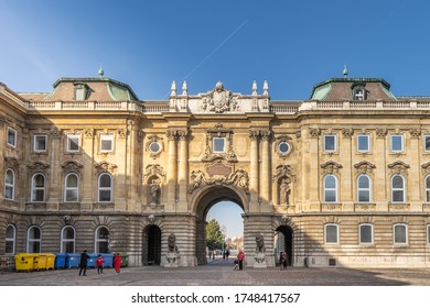 Budapest, Hungary - Feb 9, 2020: South Side Of The Lion's Gate At Buda Palace On The Hill