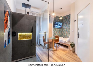 Budapest, Hungary - February 16, 2020: Luxurious Tiny Home Space With A Shower In The Room.