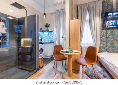 Budapest, Hungary - February 16, 2020: Luxurious Tiny Home Space With A Shower In The Room.