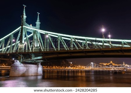 Budapest, Hungary: February 17, 2024: Liberty bridge at night. Buda castle on the background.