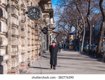 BUDAPEST, HUNGARY - FEBRUARY 22, 2016: A man walks along  Andrassy Street in Budapest, Hungary.