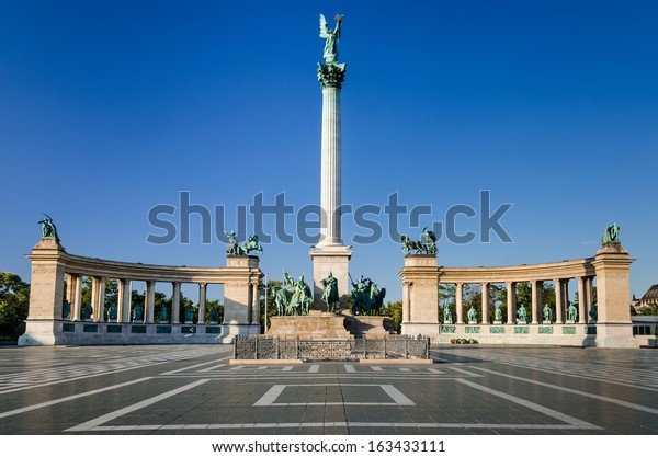 Budapest, Hungary. Heroes\' Square, Hosok Tere or\
Millennium Monument, major attraction of city, with 36 m high\
Corinthian column in\
center.